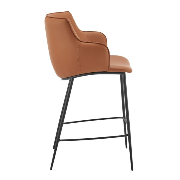 EuroStyle Ronja Sculptural Leatherette Counter Stool with Powder Coated Steel Legs for Kitchen Islands Dark Caramel 30982-COG