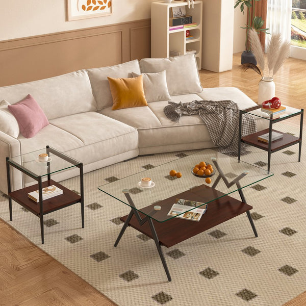 English Elm Coffee Table And End Tables Set Of 3 – Modern Glass & Mdf Design With Storage For Living Spaces W241S00054