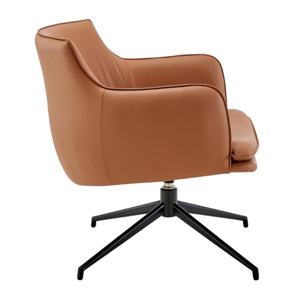 EuroStyle Ronja Sculptural Swivel Lounge Chair Wrinkled Leatherette Upholstery Steel Base Dark Caramel 30984-COG