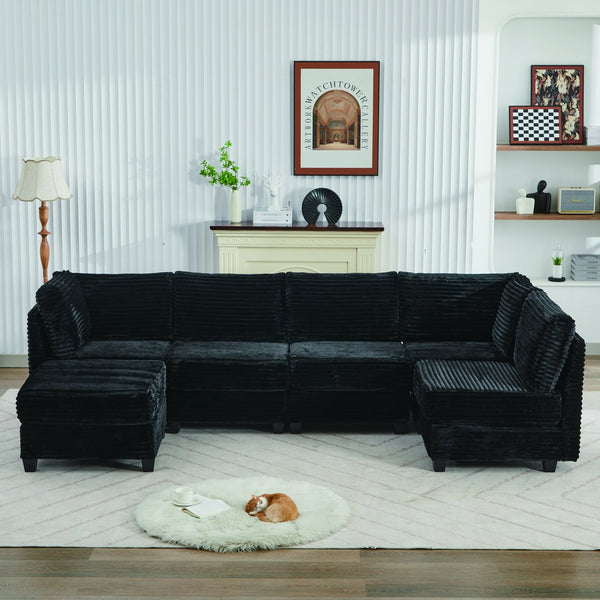 English Elm Corduroy Plush U-Shaped Sectional Sofa with Storage Ottoman, Pet-Friendly Durable Modular Comfort Black W2915S00063