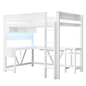 English Elm Wood Full Size Gaming Loft Bed With Desk, Led Lights, Storage Shelves & Charging Station - White N7090004022K-GIGA