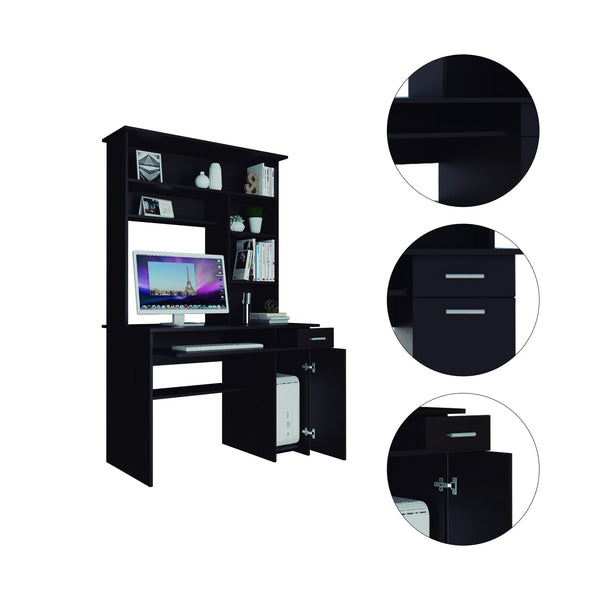 English Elm Compu 180 Hutch Desk With Shelves, Drawer & Keyboard Tray - Stylish Black Design For Small Spaces B200S00006