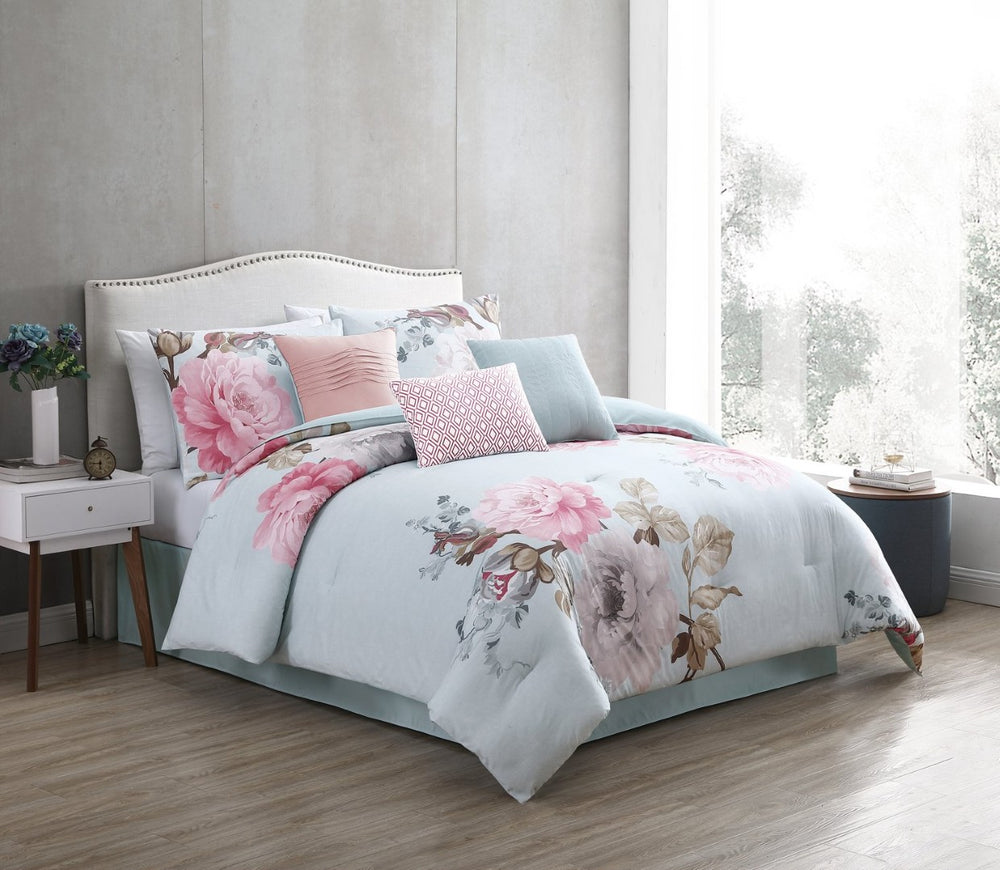 English Elm Ridgely Blush 7-Piece King Comforter Set - Elegant Floral Design, Soft Cotton & Reversible Finish B340P341958-GIGA