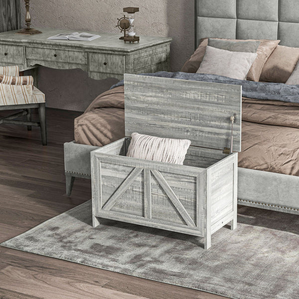 English Elm HOMCOM Farmhouse Storage Chest with Safety Gas Strut, 30" Lift-Top Blanket Trunk for Entryway Light Gray W2225P217730