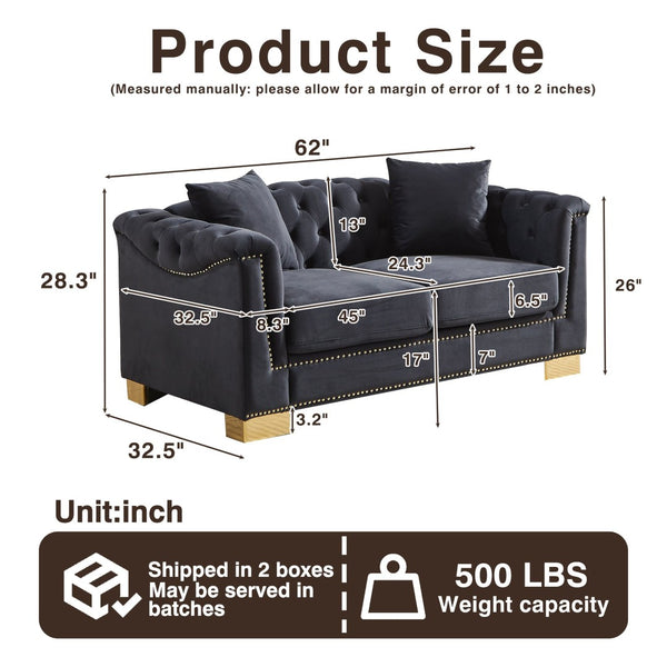 English Elm {video] Chesterfield Two-seater Velvet Sofa with Nailhead Trim and Tufted Gold Leg Luxury Black+Blue W1926S00094