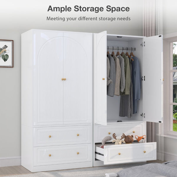 English Elm Armoire Wardrobe with Soft Close Doors Two Drawers Mdf Wood Bedroom Storage White T3773P416712