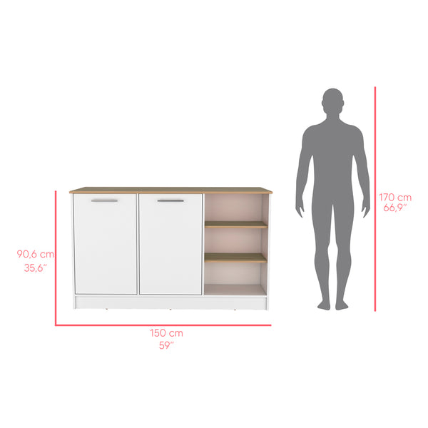 English Elm Kitchen Island Leoti White Engineered Wood with European Ash Top, 2 Cabinets, Durable Modern Storage B092S00268