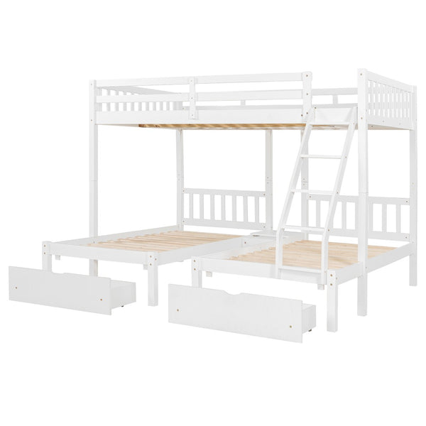 English Elm Full Over Twin Triple Bunk Bed Pine Wood Frame with Storage Drawers and Guardrails LT000343AAK-1