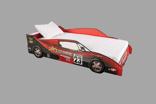 English Elm Modern Twin Race Car Bed With High Gloss Red Finish, Metal Support & Slat Kit - Ignite Imagination! B2741S00498