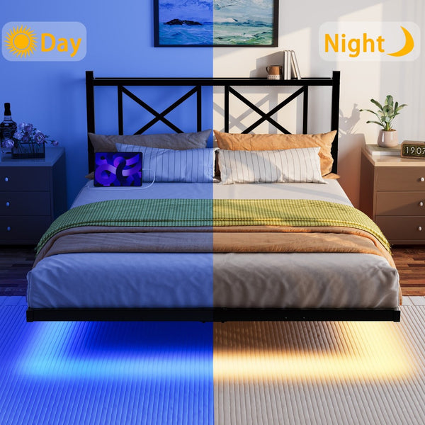 English Elm Queen Platform Bed with Rgb Led Underglow Storage Headboard and Usb Charging Ports W840P383354