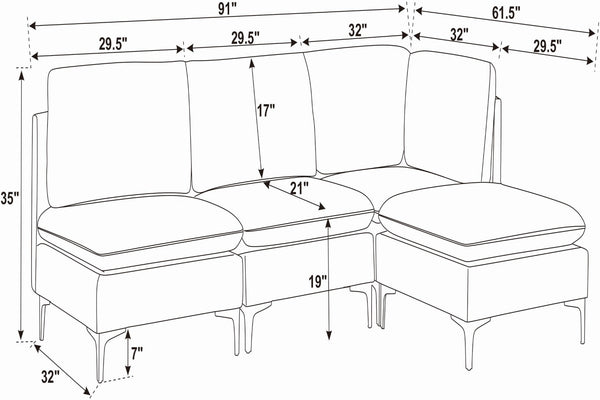 English Elm Linen Upholstered Modular Sectional Sofa with Black Metal Legs for Modern Living Dark Blue B2748S00117