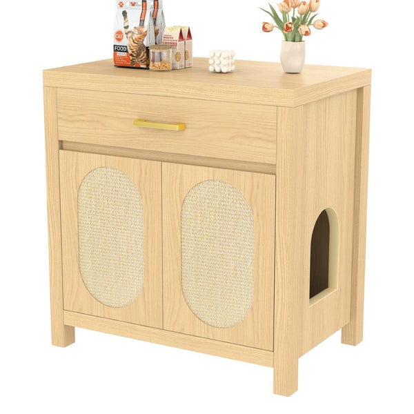 English Elm Cat Litter Box Cabinet with Sisal Doors Storage Drawer and Nightstand Surface N704P379111N