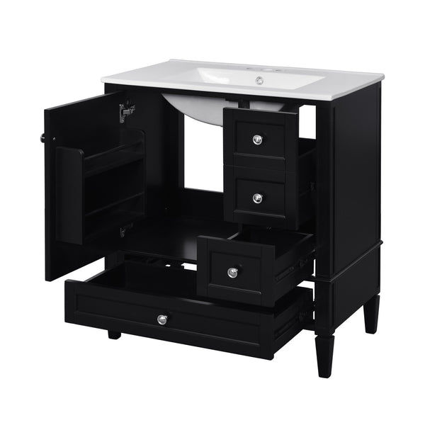 English Elm 30 30 Inch Bathroom Vanity with Ceramic Sink, Modern Compact 3-Drawer Storage Cabinet for Small Baths Black N710P247499B