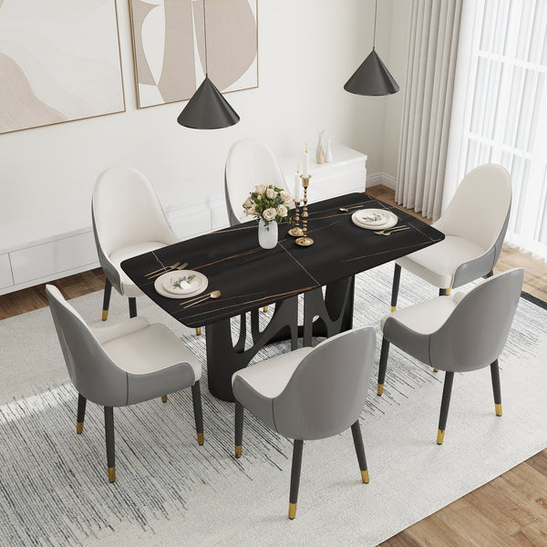 English Elm 63" Modern Artificial Stone Dining Table With Curved Edges - Seats 6, Durable Black Iron Legs W1535S00433
