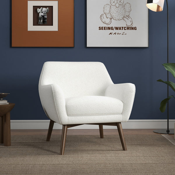 English Elm Ashcroft Furniture - Panom Mid-Century White Boucle Lounge Chair - Cozy Solid Wood Accent Armchair for Living Room B183P231924