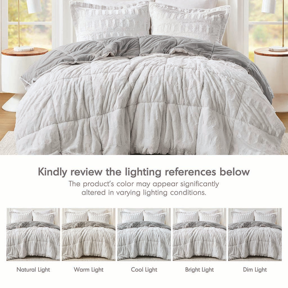 JLA Home Madison Park - Back Plush Reversible Long Fur Comforter Mini Set – Luxe hypoallergenic faux fur with silky mink reverse, OEKO-TEX certified, cozy warmth Gray/White MP10-7239