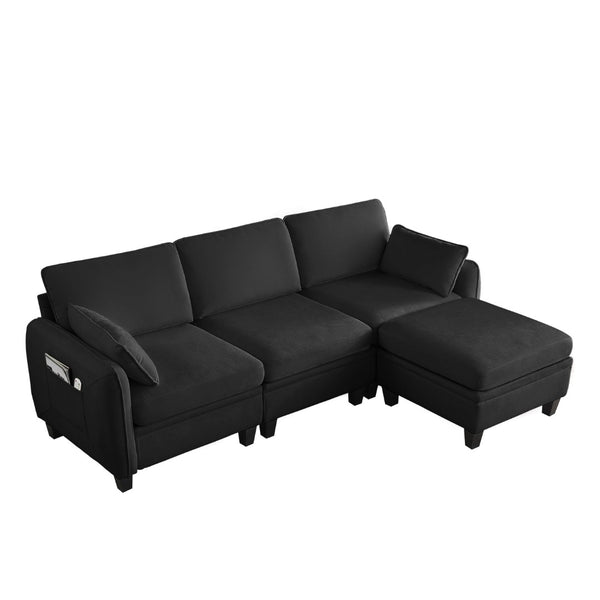 English Elm 102 Inch Linen Modular Sectional Sofa with Hidden Storage and Cloud Cushion Comfort Black W1099S00214