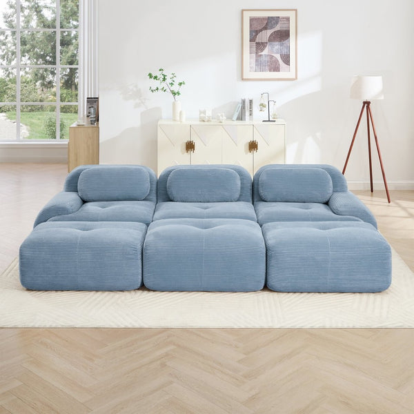 English Elm Three-seat Modular Corduroy Sectional Sofa with Ottomans for Living and Media Rooms Blue W714S01251