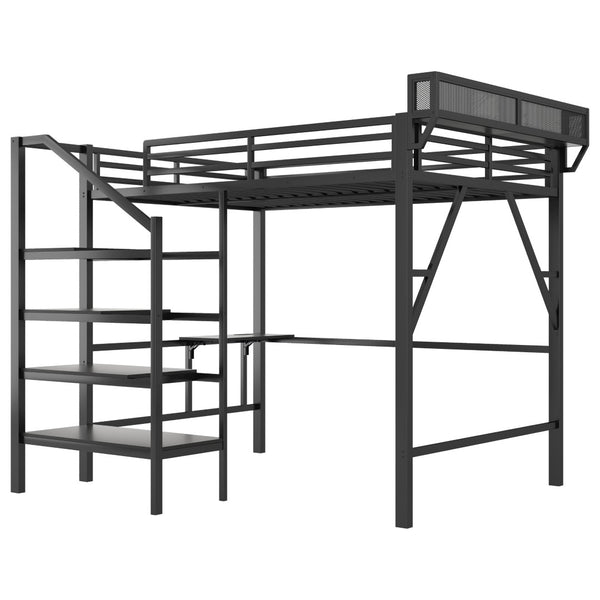 English Elm Queen Metal Loft Bed with Staircase Storage Foldable Desk and Built-in Charging W2580S00073