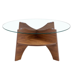 English Elm Round Tempered Glass Coffee Table with Fan Pedestal Base for Modern Living Rooms Transparent,Walnut W1151P256004
