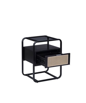 English Elm Colson Tempered Glass Accent Table with Rattan Insert and Metal Frame, Drawer Storage, Modern Design Black 28 L x 23 W x 13 H B2726P287579