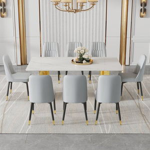 English Elm Table With Elegant Glass Top & 8 Comfortable Pu Chairs - Modern Marble Pattern & Gold Legs Set W1151S04354-GIGA