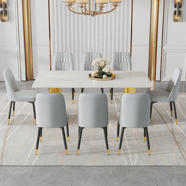 English Elm Table With Elegant Glass Top & 8 Comfortable Pu Chairs - Modern Marble Pattern & Gold Legs Set W1151S04354-GIGA