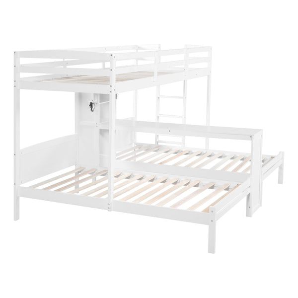 English Elm Twin Triple Bunk Bed with Built in Desk Open Shelving and Led Task Lighting White N7090002243K