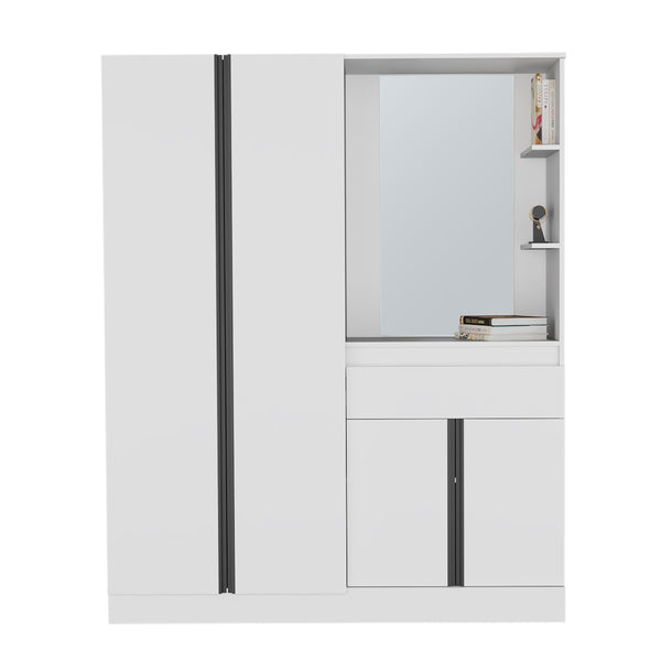 English Elm Armoire with Built-In Mirror and Ample Storage — 4 Doors, 2 Drawers, 4 Shelves, Eco-Friendly Finish White 64.57 L x 23.23 W x 5.12 H B097S00223