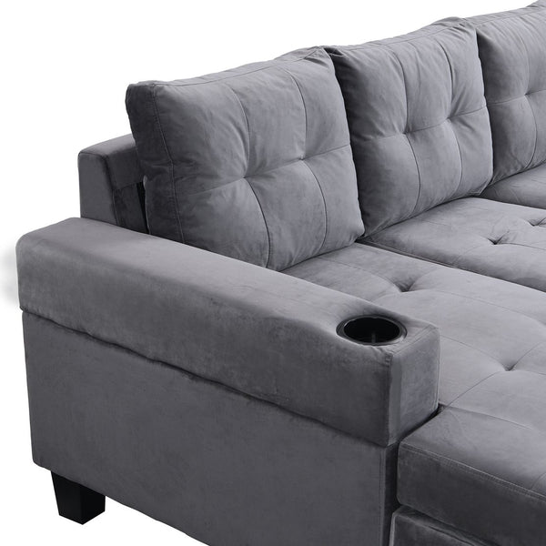 English Elm Sectional PU Sofa Set with L-Chaise, Built-In Cup Holders, Thick Foam Cushions, Modern 4-Seater Comfort Grey 69.29 L x 33.46 W x 13.78 H W2297S00011
