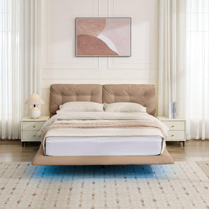 English Elm Christopher Knight Home® - Queen Plush Leather Upholstered Bed Frame with Wingback Headboard, Wavy Footboard, Quiet Support khaki 37.59 L x 32.25 W x 13 H N761S0000022M