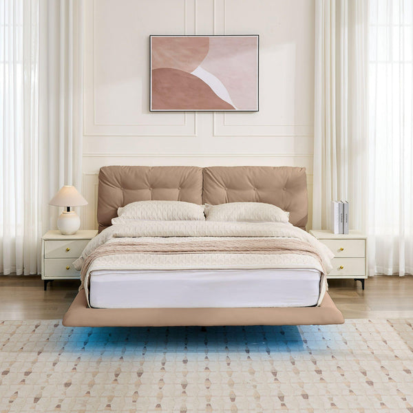 English Elm Christopher Knight Home® - Queen Plush Leather Upholstered Bed Frame with Wingback Headboard, Wavy Footboard, Quiet Support khaki 37.59 L x 32.25 W x 13 H N761S0000022M
