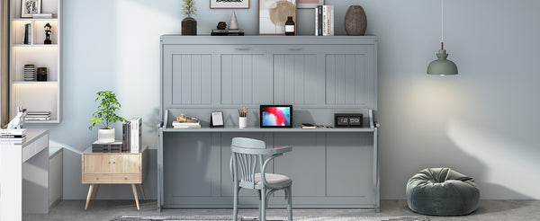 English Elm Full Size Murphy Bed With Hydraulic Lift & Integrated Desk For Space-Saving, Gray Pinewood Design N820S00032E