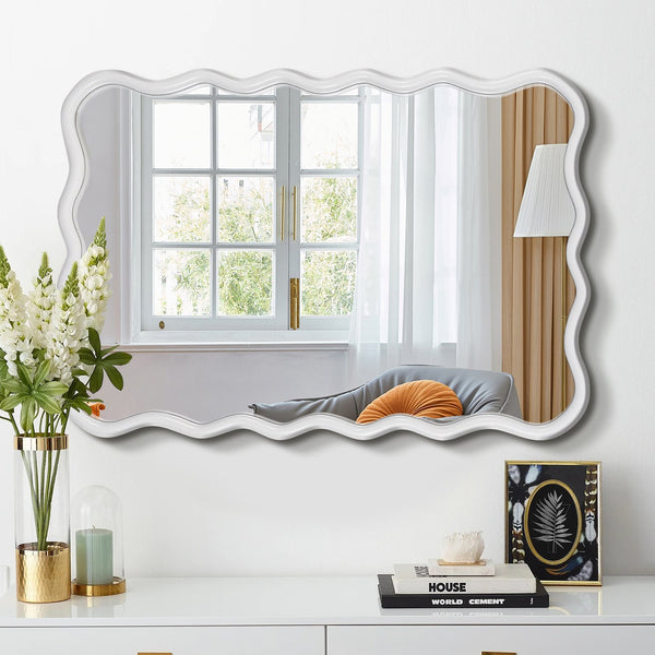 English Elm Solid Wood Wavy Rectangle Mirror 44.9"x33.3" Natural Frame HD Wall Art Accent for Bath & Entryway W1445P246641