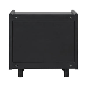 English Elm Black Rattan Panel Nightstand with Open Shelf Drawer Mdf Modern Bedroom Storage N770P374577B