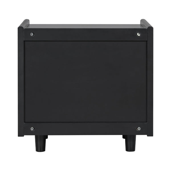 English Elm Black Rattan Panel Nightstand with Open Shelf Drawer Mdf Modern Bedroom Storage N770P374577B