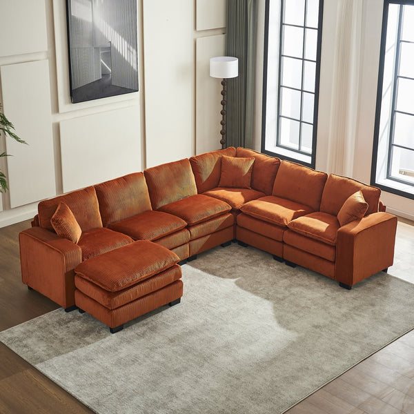 English Elm Modern U Shaped 6-Seat Sectional Sofa with Ottoman and 3 Toss Pillows, Corduroy Modular Comfort and Durable Frame Orange W2363S00043