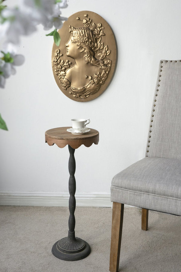 English Elm D10.5x25.5" Scalloped Brown Wood Top Side Table with Slim Black Iron Pedestal — Versatile End Table W2078P409212