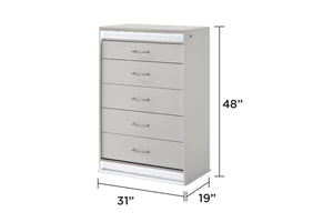 English Elm Glam 5-Drawer Chest with LED Crystal Detail, High-Gloss Lacquer Finish, Reflective Modern Storage Elegance G150108641