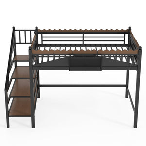 English Elm Full Size Metal Loft Bed with Stair Storage Shelves Bookshelf for Dorms Bedroom W1580S00378