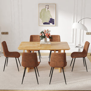 English Elm Table and Chair Set Rubberwood Dining with Rattan Legs Six Cushioned Fabric Seats W1151S03054