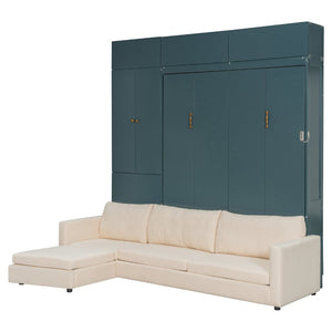 English Elm Queen Murphy Bed with L-shaped Velvet Sofa Storage Cabinets for Studio Living Green LP000765AAA-1