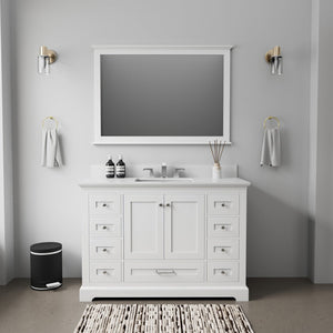 English Elm White Single Bath Vanity 48 in. W x 22 in. D with White Quartz Top, 46 in. Mirror, Soft-Close Drawers B2731S00649