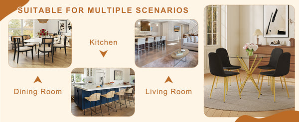 English Elm 4-Piece Modern Luxe Dining Set: 36.6'' Round Glass Table & Black-Gold Chairs For Stylish Spaces W1151S03682