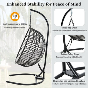 English Elm U_style Wicker Hanging Egg Chair with Stand Hdpe Cocoon Swing for Balcony Garden Black+ Gray N711P389503E