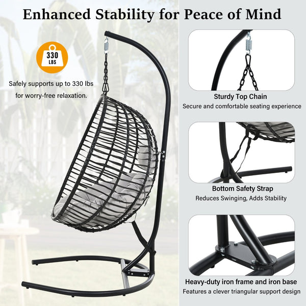 English Elm U_style Wicker Hanging Egg Chair with Stand Hdpe Cocoon Swing for Balcony Garden Black+ Gray N711P389503E