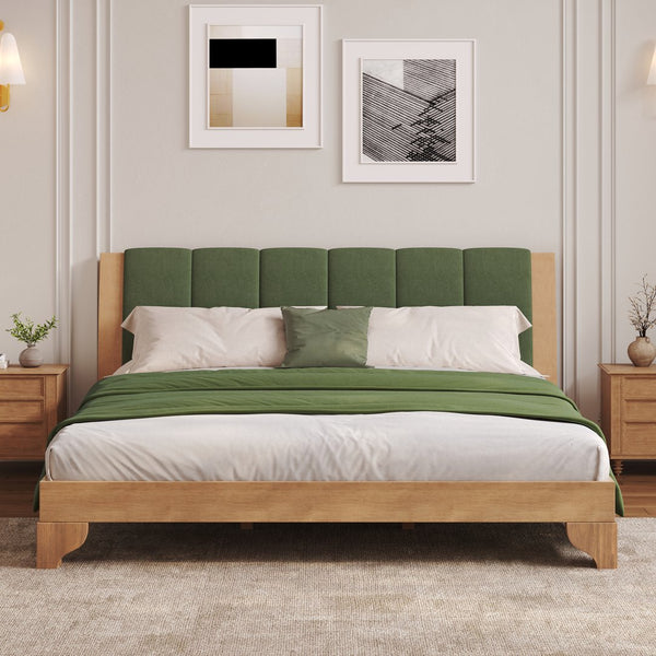 English Elm Christopher Knight Home® - Premium Pine Wood King Bed Frame With Upholstered Headboard - Mid-Century Modern Style In Green N770P345989N_N770P345990N
