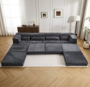 English Elm Compression Mahjong Sofa - Oversized Modular Floor Bed With Ottoman, No Assembly, Soft Fleece Fabric W3723S00037