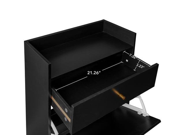 English Elm Rattan, Engineered Rattan 2-Door 1-Drawer Shoe Cabinet with Double Shelves and Pine Wood Feet Durable Finish Black W688141535