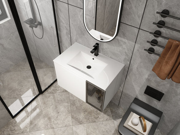 English Elm 30" Floating Bathroom Vanity Glossy White Plywood Cabinet with Frosted Glass Door W999S00524